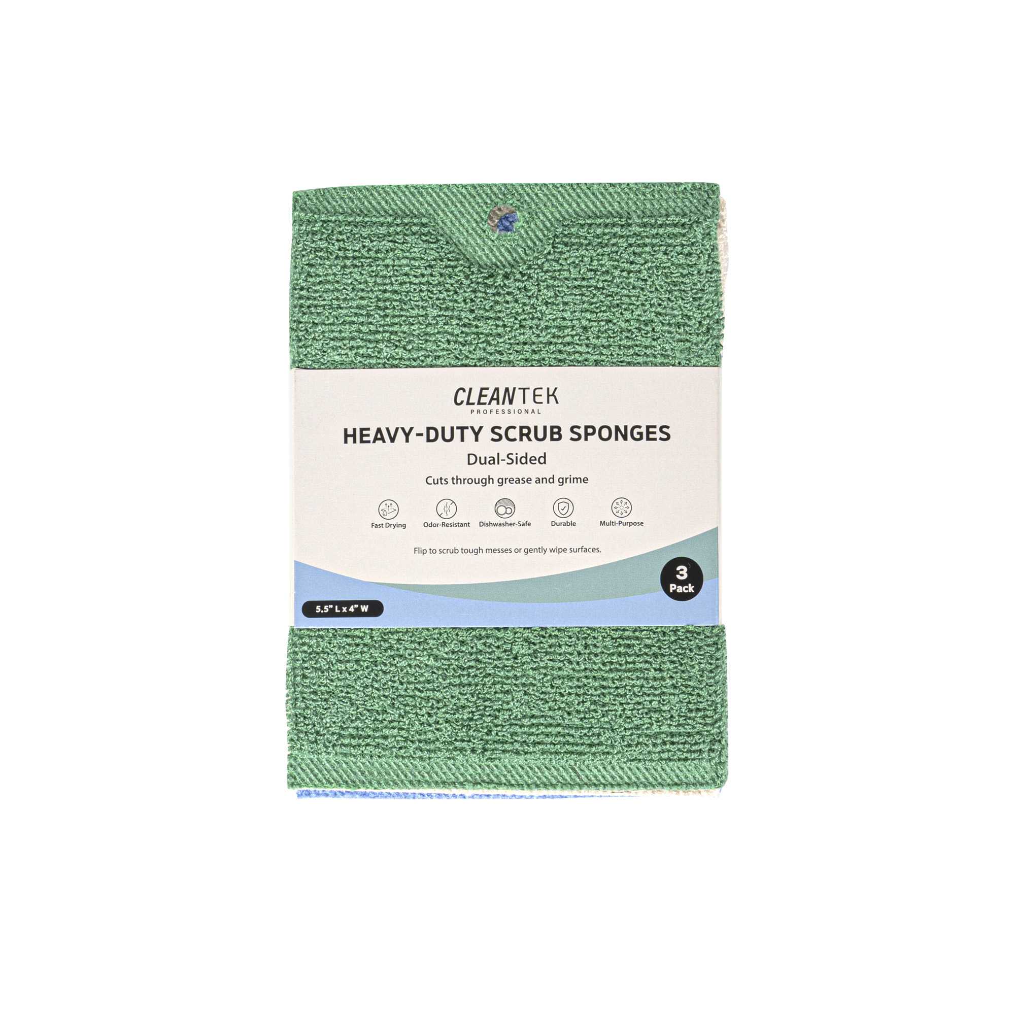 Clean Tek Professional Dual-Sided Heavy-Duty Multi-Purpose Scrub Sponge - Blue, Beige, and Green, Non-Scratch - 5 1/2" x 4" - 3 count box