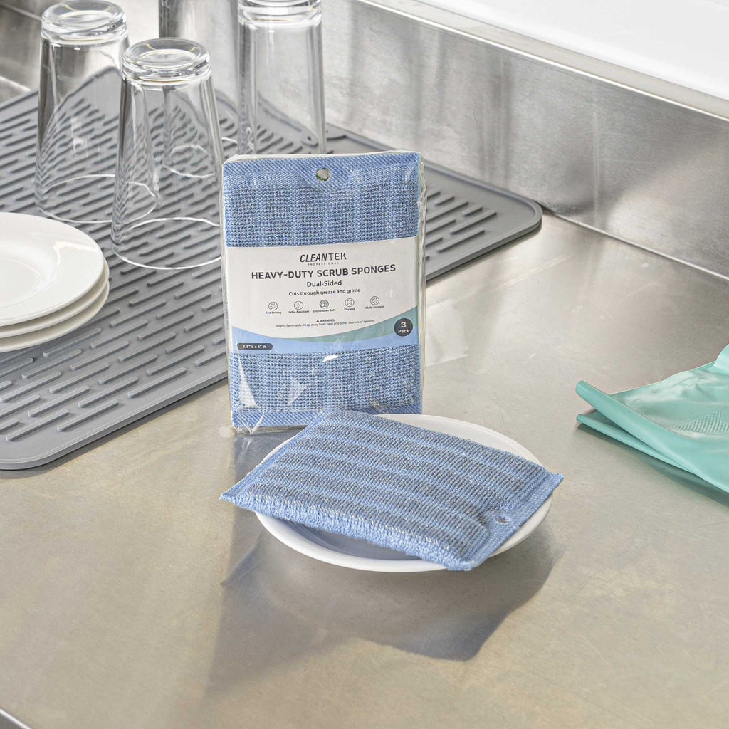 Clean Tek Professional Dual-Sided Heavy-Duty Multi-Purpose Scrub Sponge - Blue, Beige, and Green, Non-Scratch - 5 1/2" x 4" - 3 count box