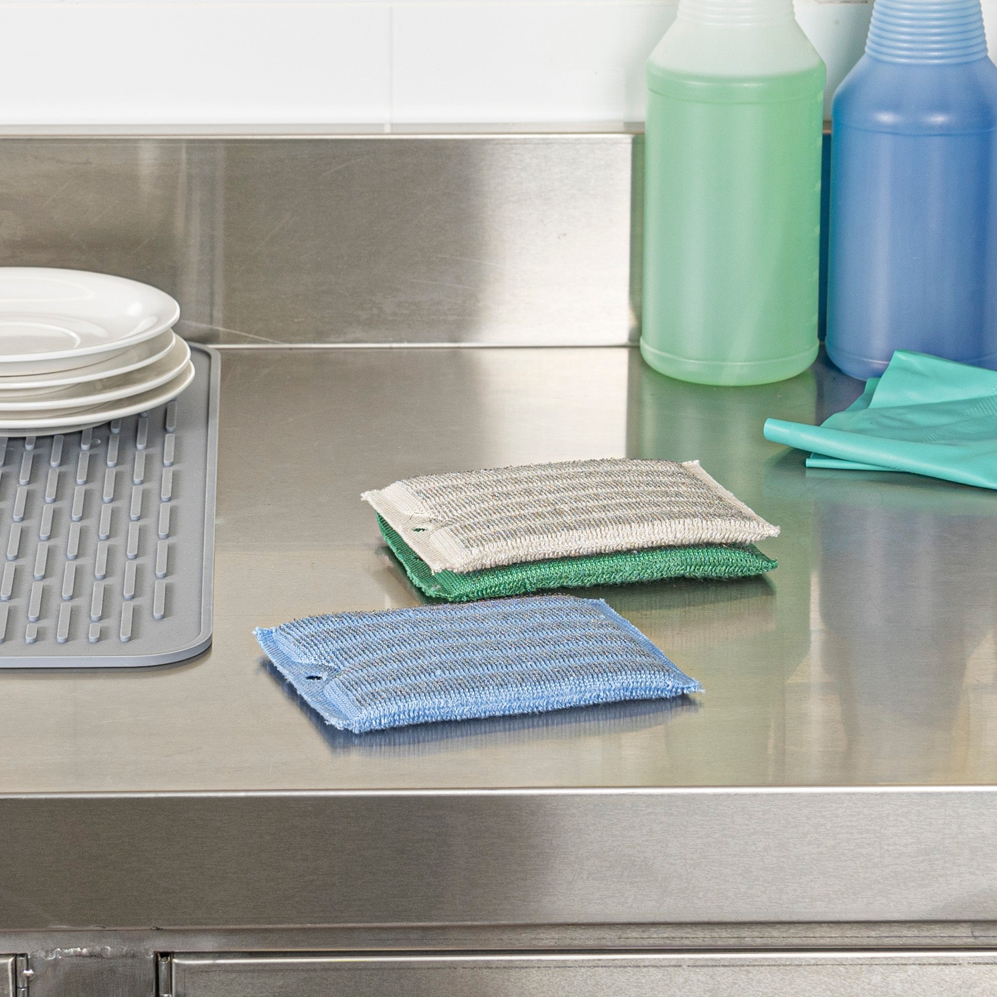 Clean Tek Professional Dual-Sided Heavy-Duty Multi-Purpose Scrub Sponge - Blue, Beige, and Green, Non-Scratch - 5 1/2" x 4" - 60 count box