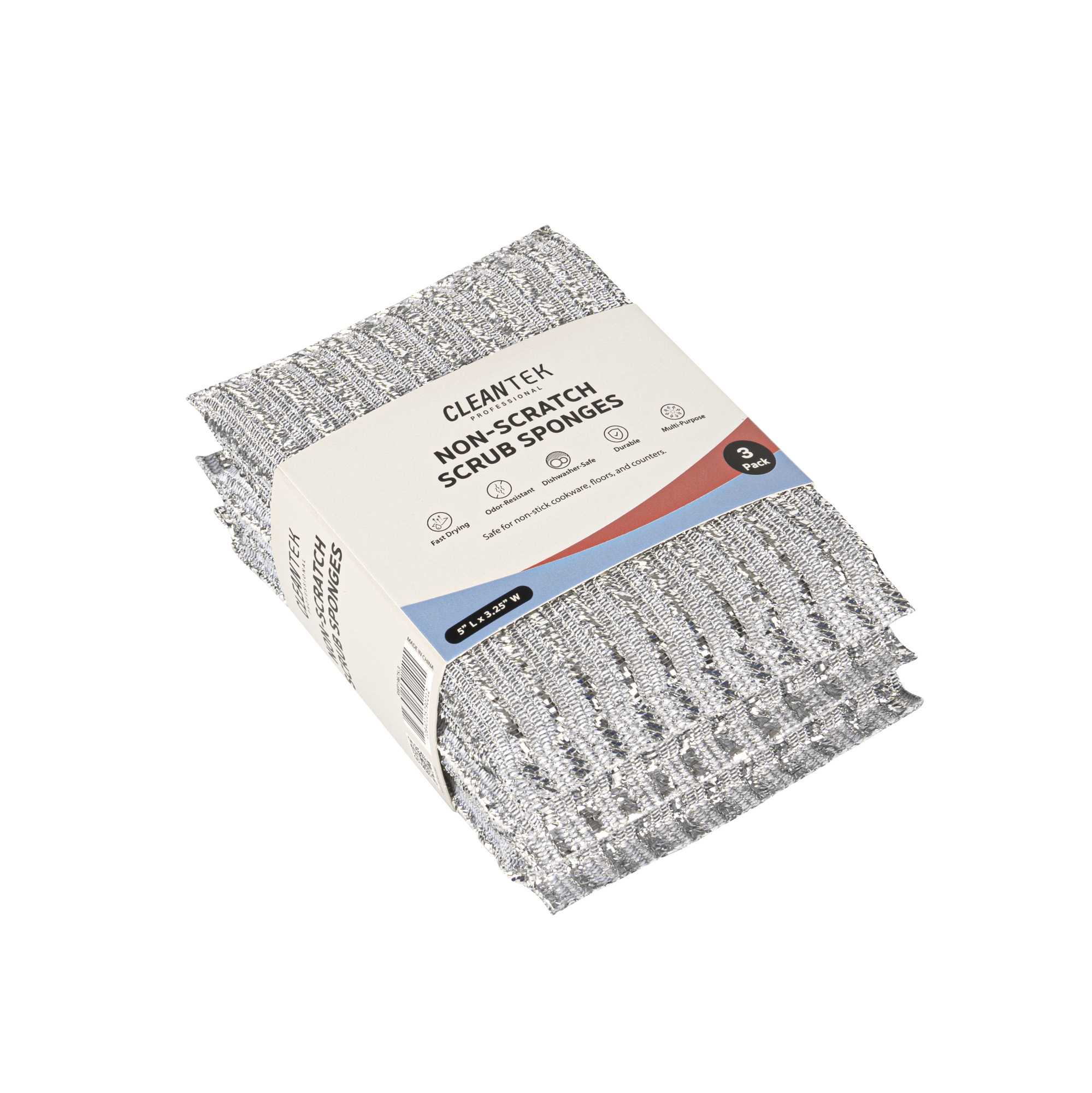 Clean Tek Professional Multi-Purpose Silver Scrub Sponge - Striped Texture, Non-Scratch - 5" x 3 1/4" x 1/2" - 3 count box