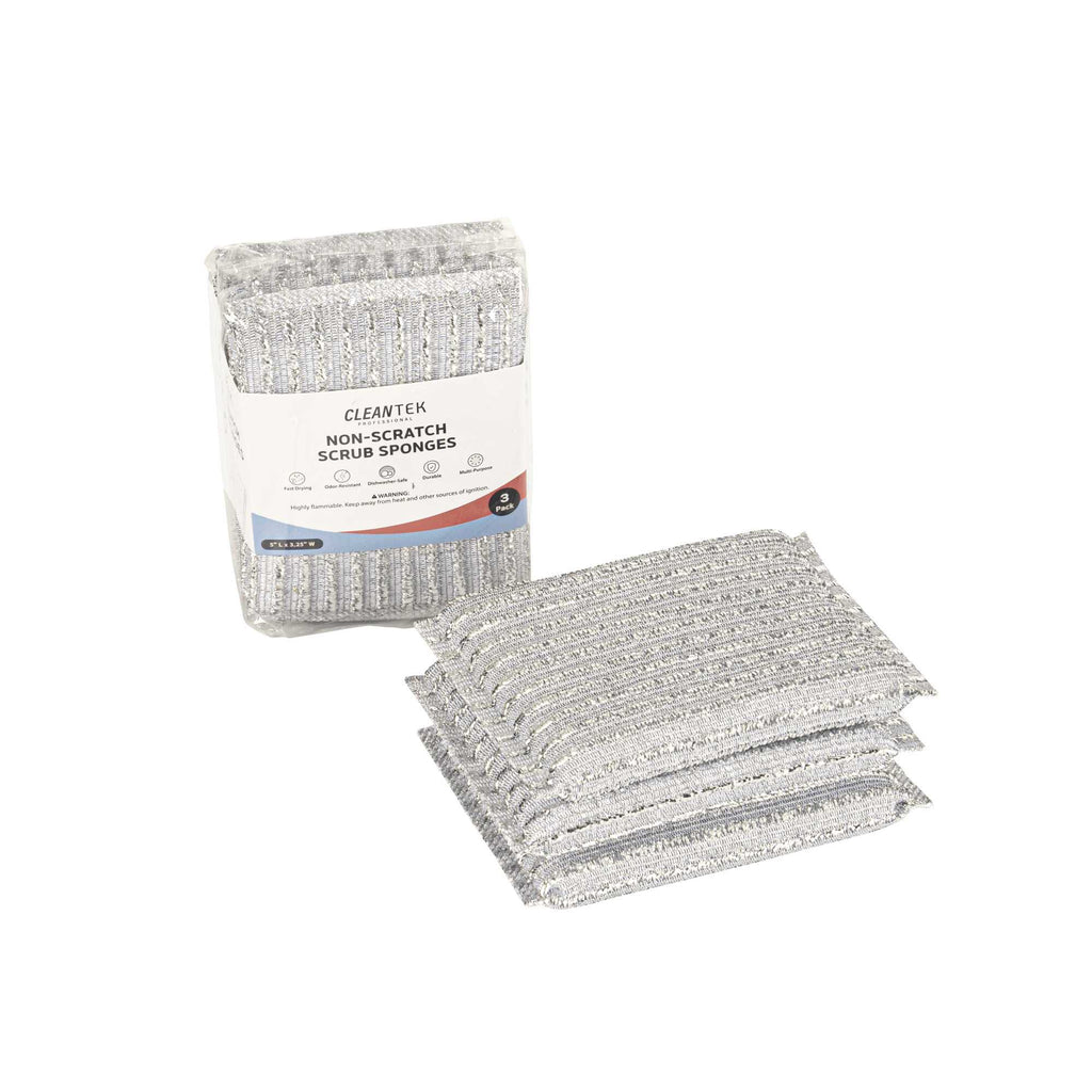 Clean Tek Professional Multi-Purpose Silver Scrub Sponge - Striped Texture, Non-Scratch - 5" x 3 1/4" x 1/2" - 3 count box