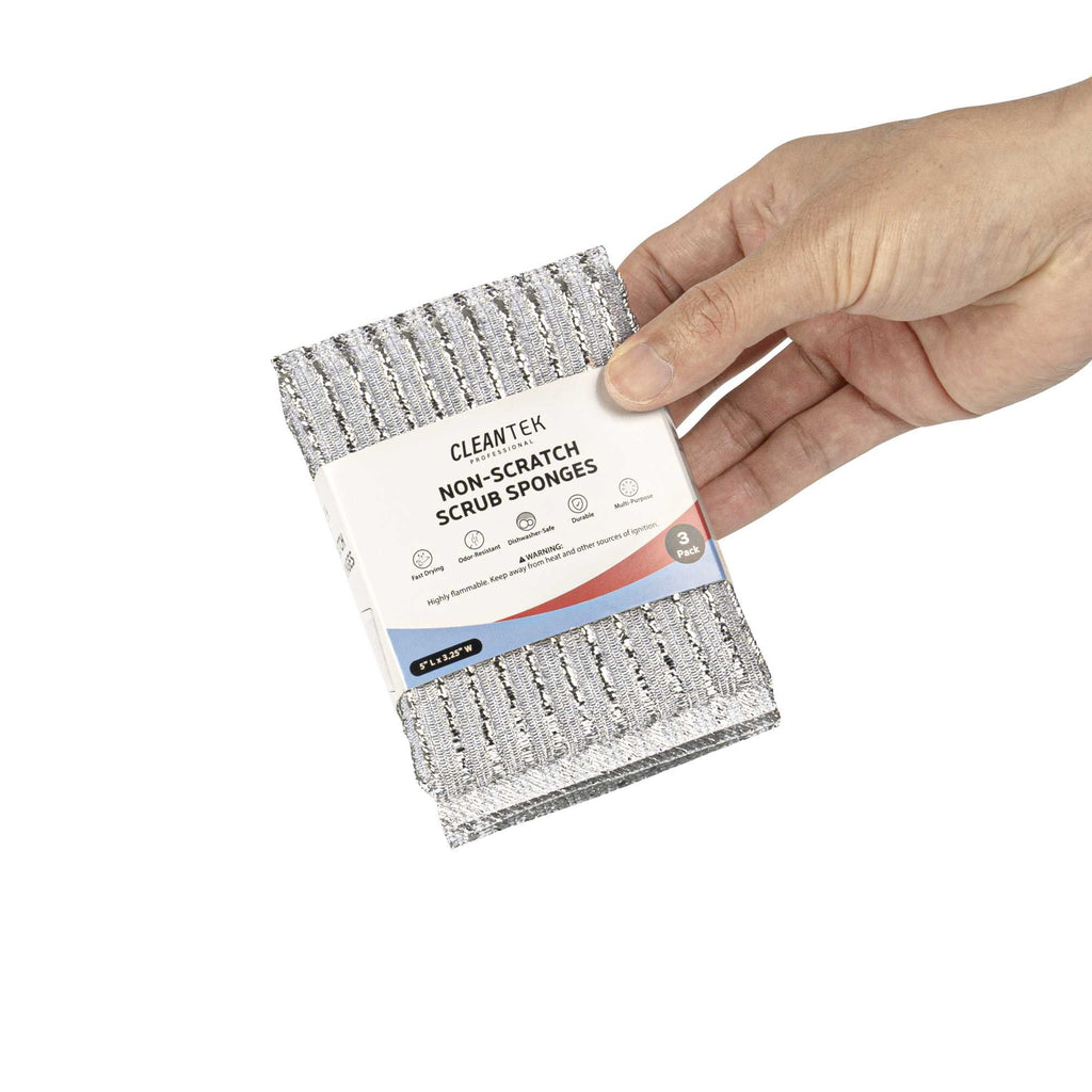 Clean Tek Professional Multi-Purpose Silver Scrub Sponge - Striped Texture, Non-Scratch - 5" x 3 1/4" x 1/2" - 3 count box
