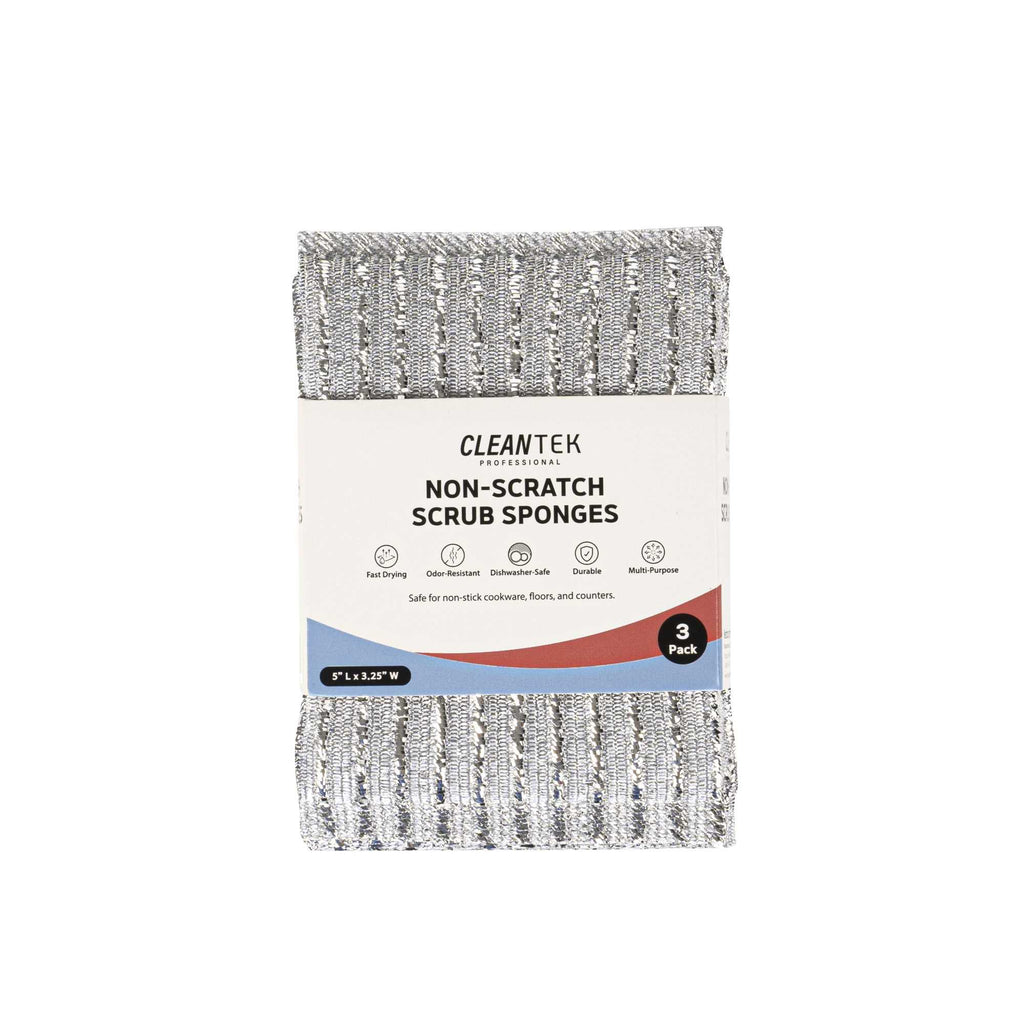 Clean Tek Professional Multi-Purpose Silver Scrub Sponge - Striped Texture, Non-Scratch - 5" x 3 1/4" x 1/2" - 3 count box