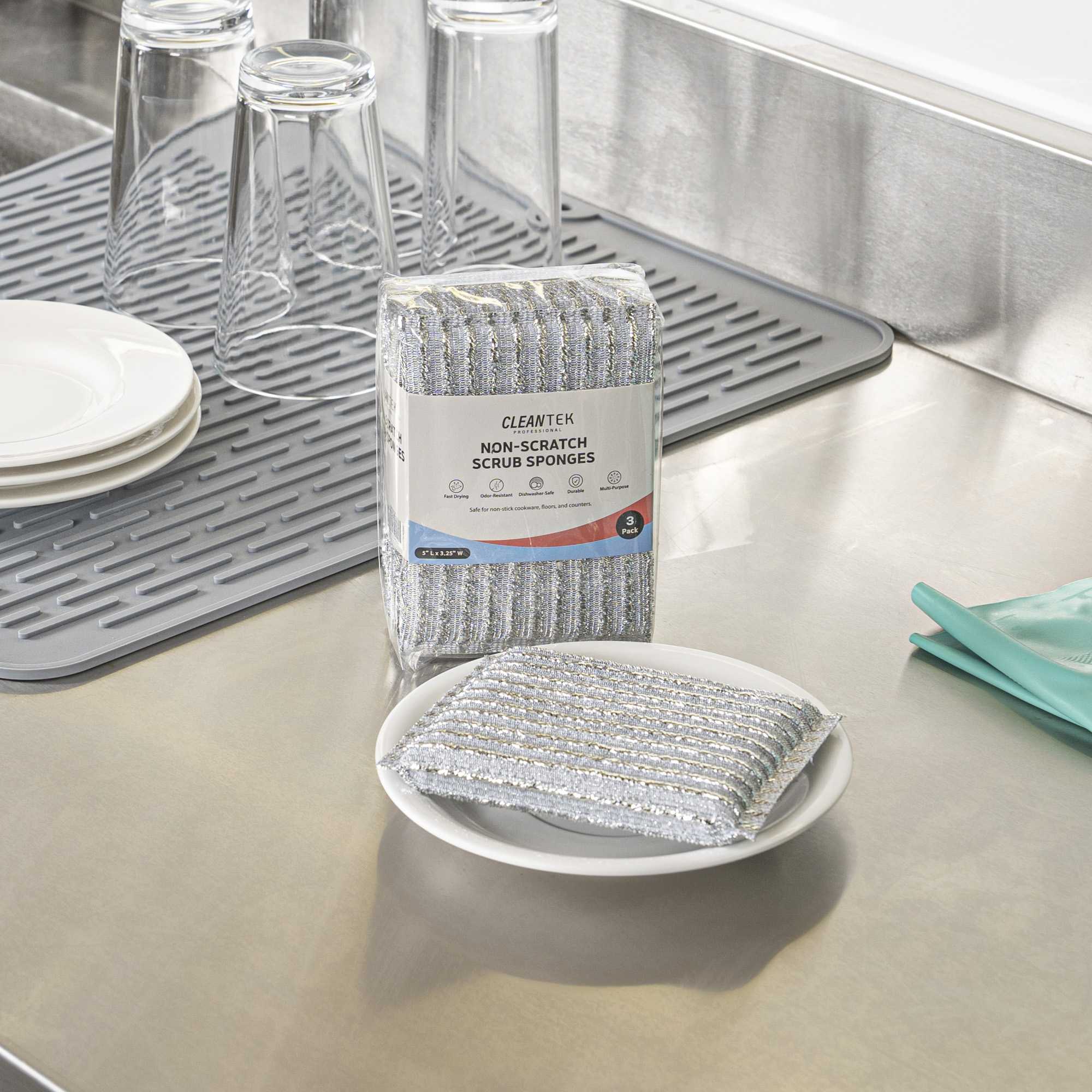 Clean Tek Professional Multi-Purpose Silver Scrub Sponge - Striped Texture, Non-Scratch - 5" x 3 1/4" x 1/2" - 3 count box