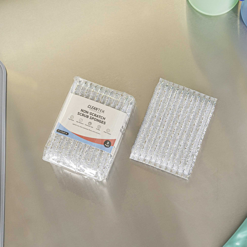 Clean Tek Professional Multi-Purpose Silver Scrub Sponge - Striped Texture, Non-Scratch - 5" x 3 1/4" x 1/2" - 3 count box