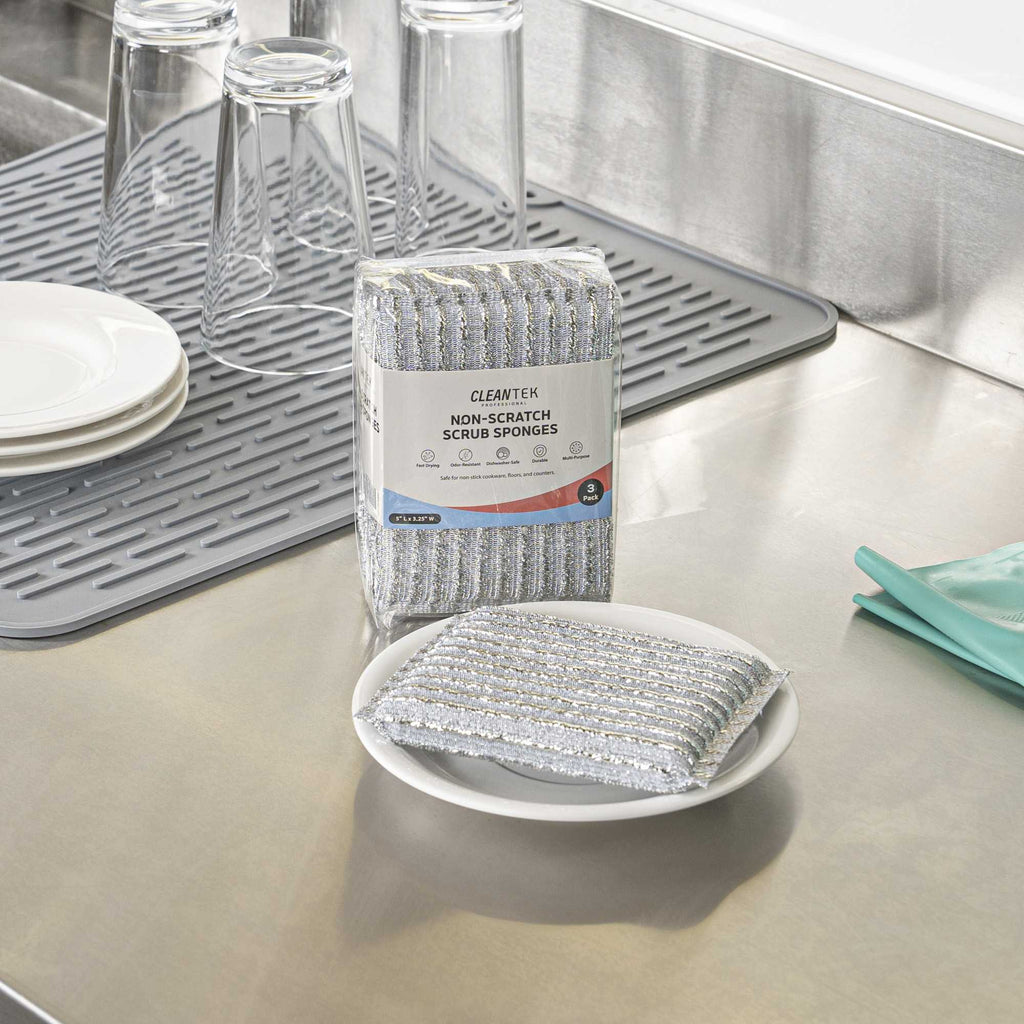 Clean Tek Professional Multi-Purpose Silver Scrub Sponge - Striped Texture, Non-Scratch - 5" x 3 1/4" x 1/2" - 60 count box