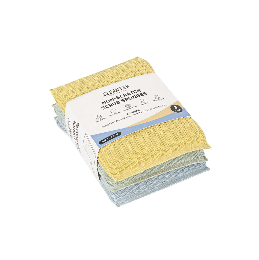 Clean Tek Professional Multi-Purpose Assorted Scrub Sponge - Blue, Yellow, and Green, Non-Scratch - 4 1/2" x 3 1/2" x 3/4" - 3 count box