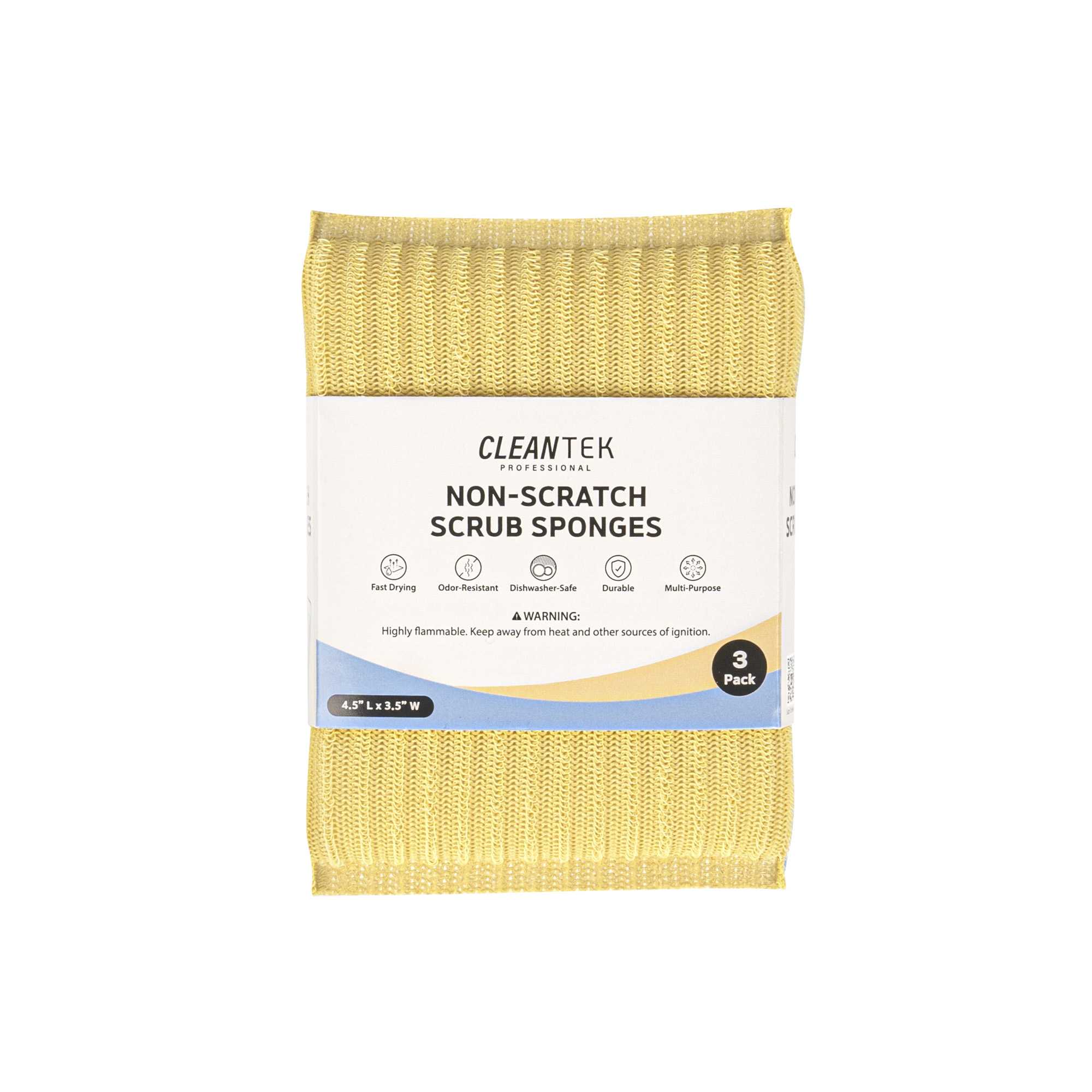 Clean Tek Professional Multi-Purpose Assorted Scrub Sponge - Blue, Yellow, and Green, Non-Scratch - 4 1/2" x 3 1/2" x 3/4" - 3 count box