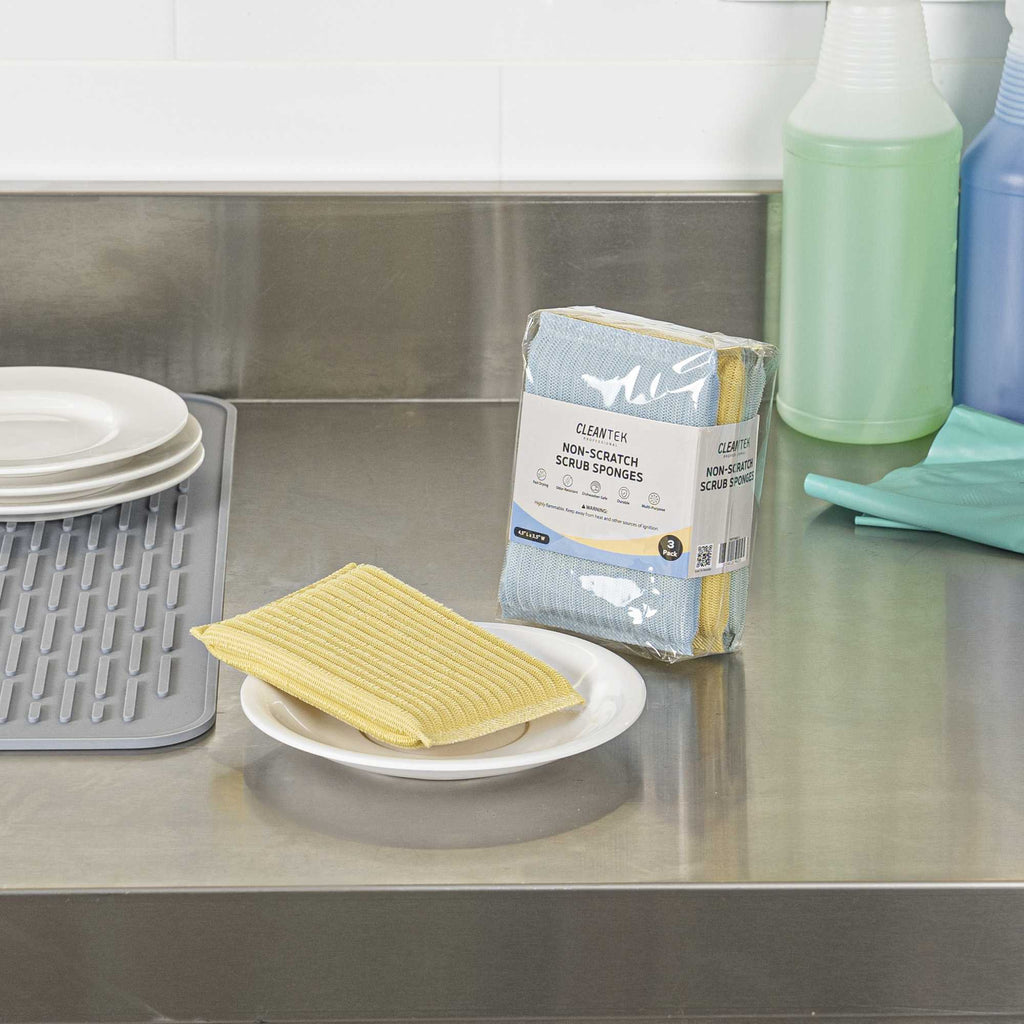 Clean Tek Professional Multi-Purpose Assorted Scrub Sponge - Blue, Yellow, and Green, Non-Scratch - 4 1/2" x 3 1/2" x 3/4" - 3 count box