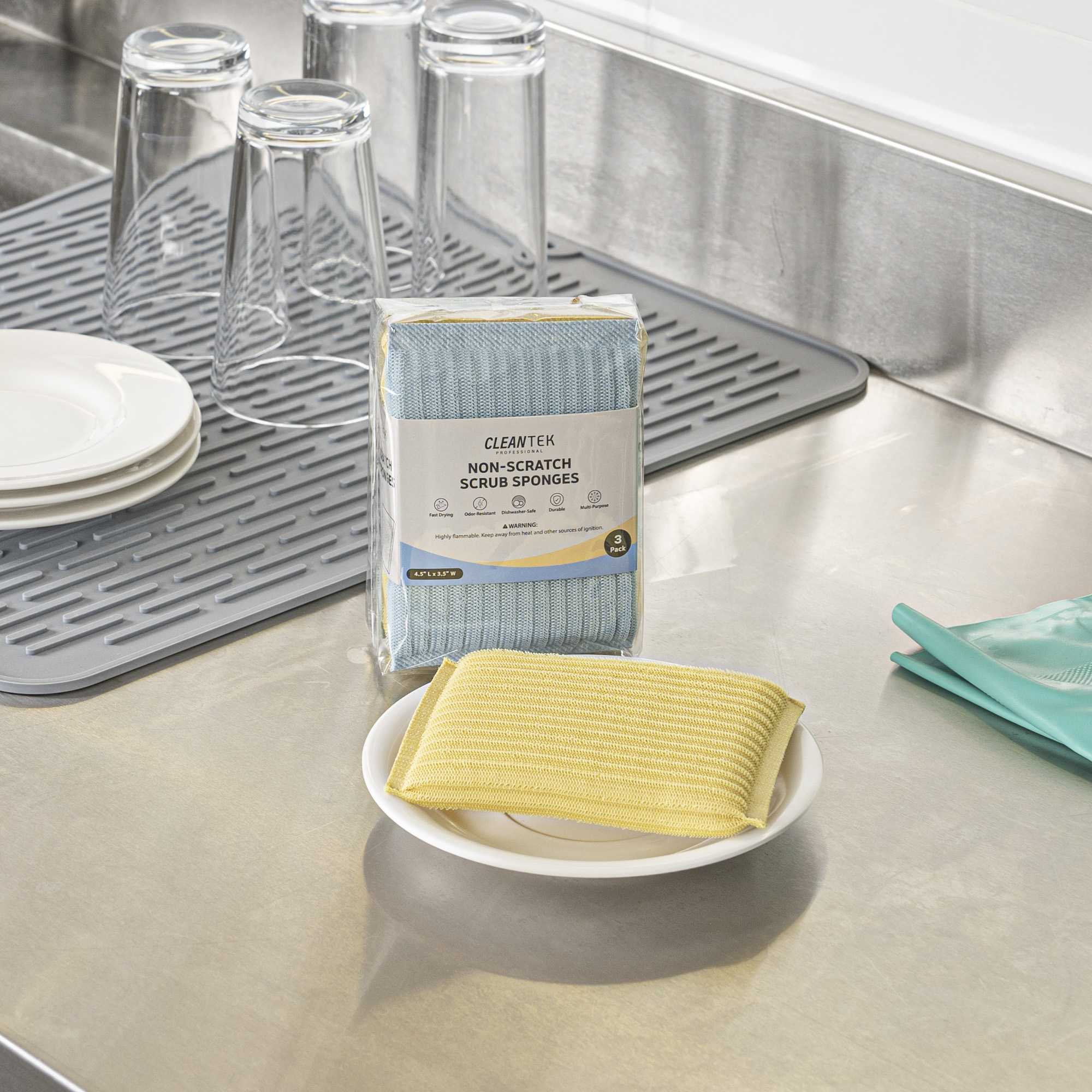 Clean Tek Professional Multi-Purpose Assorted Scrub Sponge - Blue, Yellow, and Green, Non-Scratch - 4 1/2" x 3 1/2" x 3/4" - 3 count box