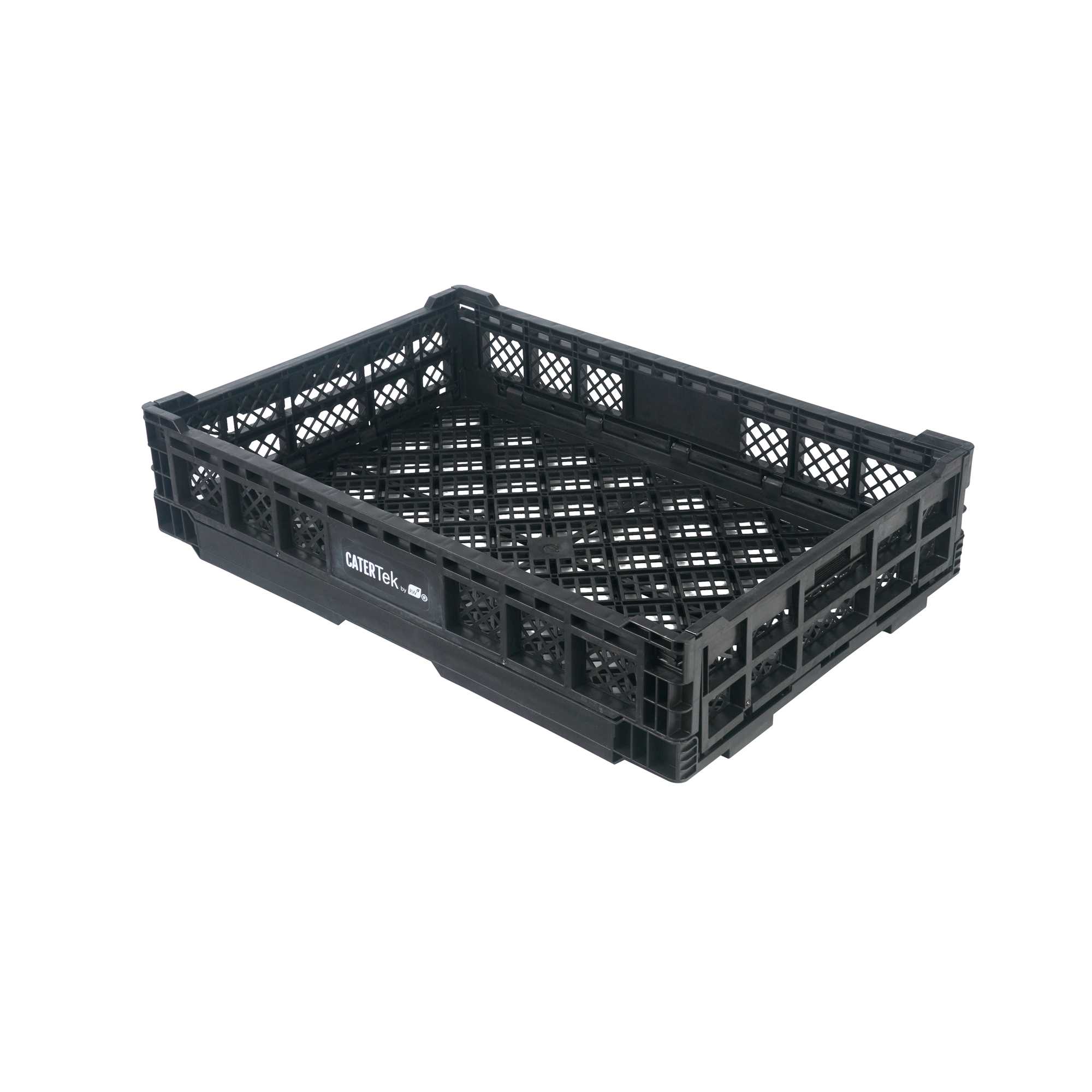Cater Tek Rectangle Black Plastic Collapsible Crate - Vented, Stackable - 23 3/4" x 15 3/4" x 4 3/4" - 1 count box