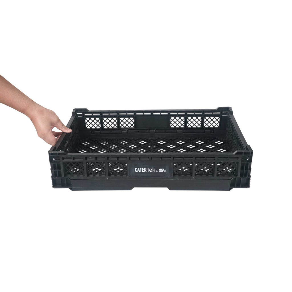 Cater Tek Rectangle Black Plastic Collapsible Crate - Vented, Stackable - 23 3/4" x 15 3/4" x 4 3/4" - 1 count box