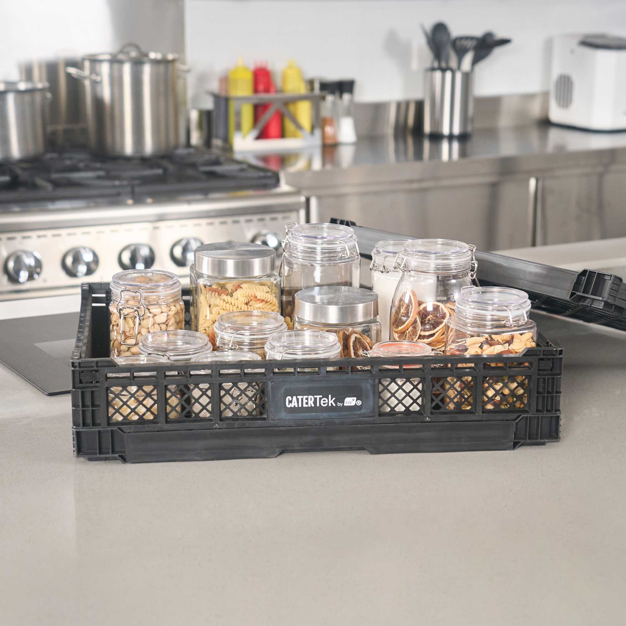 Cater Tek Rectangle Black Plastic Collapsible Crate - Vented, Stackable - 23 3/4" x 15 3/4" x 4 3/4" - 1 count box