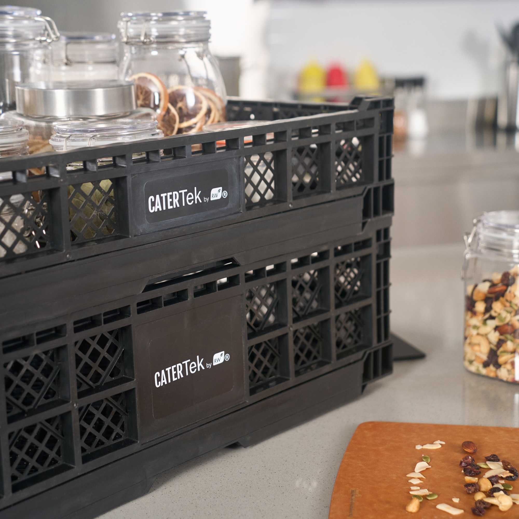 Cater Tek Rectangle Black Plastic Collapsible Crate - Vented, Stackable - 23 3/4" x 15 3/4" x 4 3/4" - 1 count box