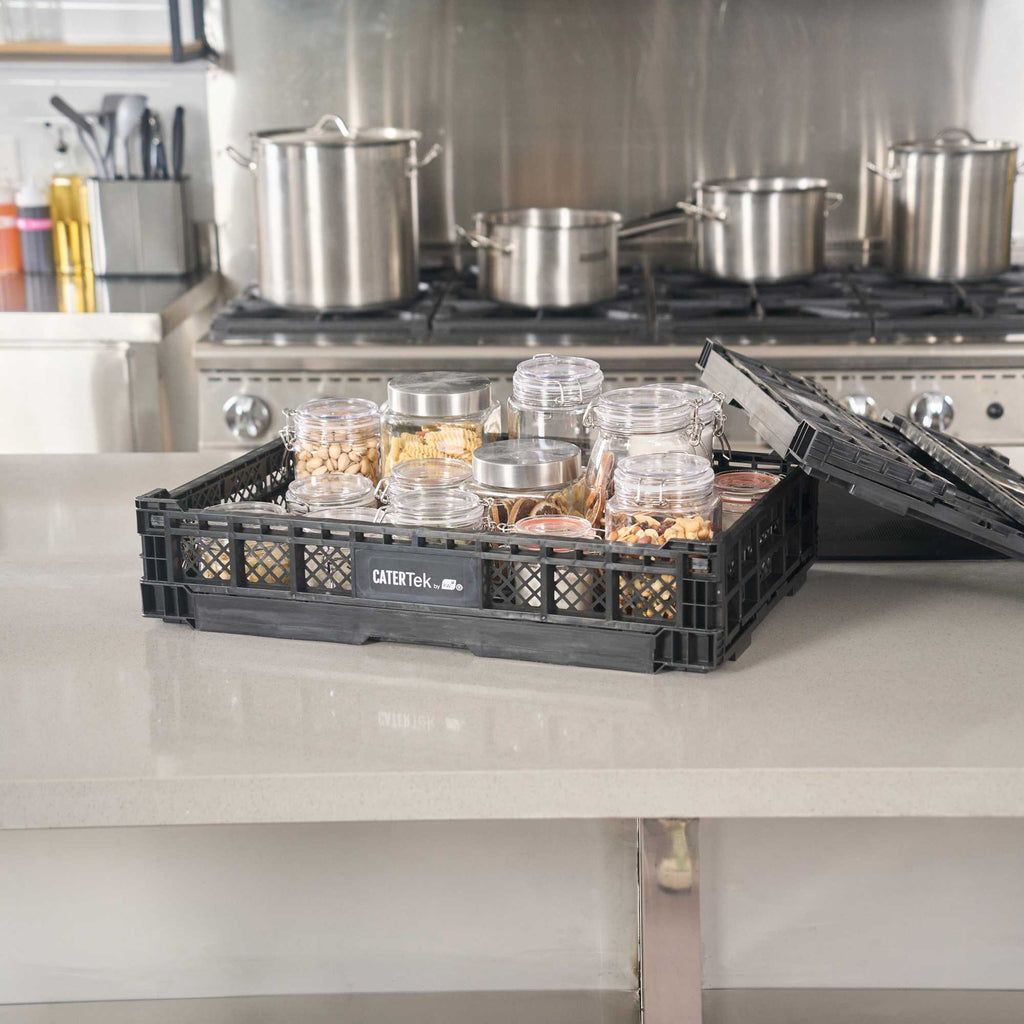 Cater Tek Rectangle Black Plastic Collapsible Crate - Vented, Stackable - 23 3/4" x 15 3/4" x 4 3/4" - 1 count box