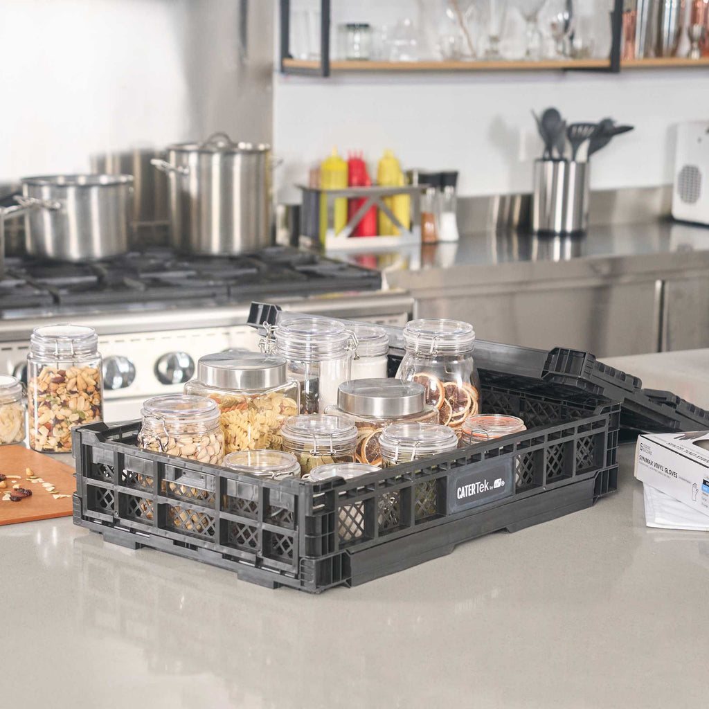 Cater Tek Rectangle Black Plastic Collapsible Crate - Vented, Stackable - 23 3/4" x 15 3/4" x 4 3/4" - 10 count box