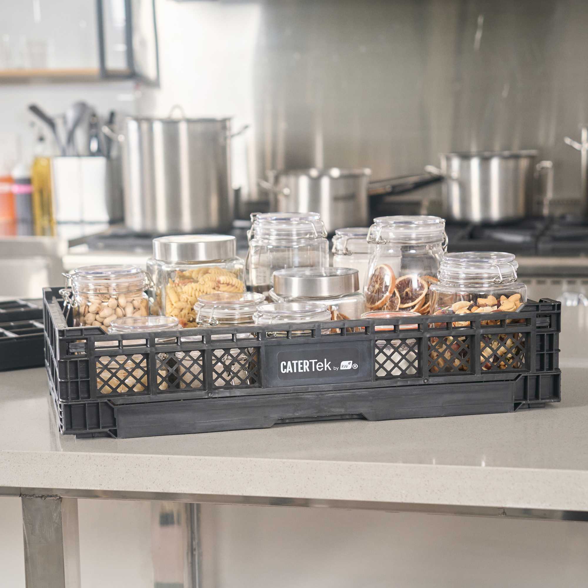 Cater Tek Rectangle Black Plastic Collapsible Crate - Vented, Stackable - 23 3/4" x 15 3/4" x 4 3/4" - 10 count box