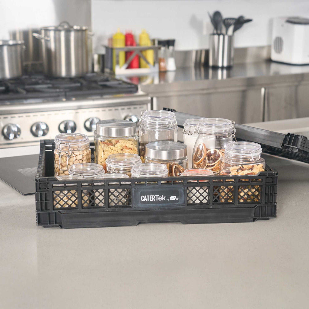 Cater Tek Rectangle Black Plastic Collapsible Crate - Vented, Stackable - 23 3/4" x 15 3/4" x 4 3/4" - 10 count box