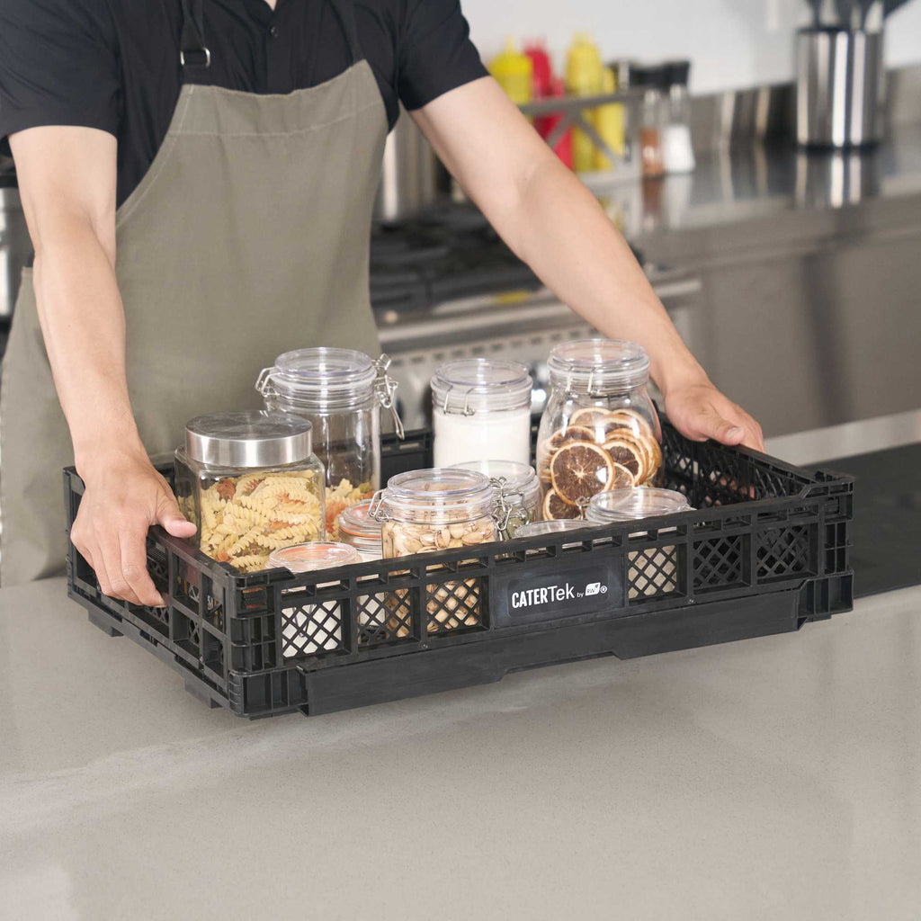 Cater Tek Rectangle Black Plastic Collapsible Crate - Vented, Stackable - 23 3/4" x 15 3/4" x 4 3/4" - 10 count box