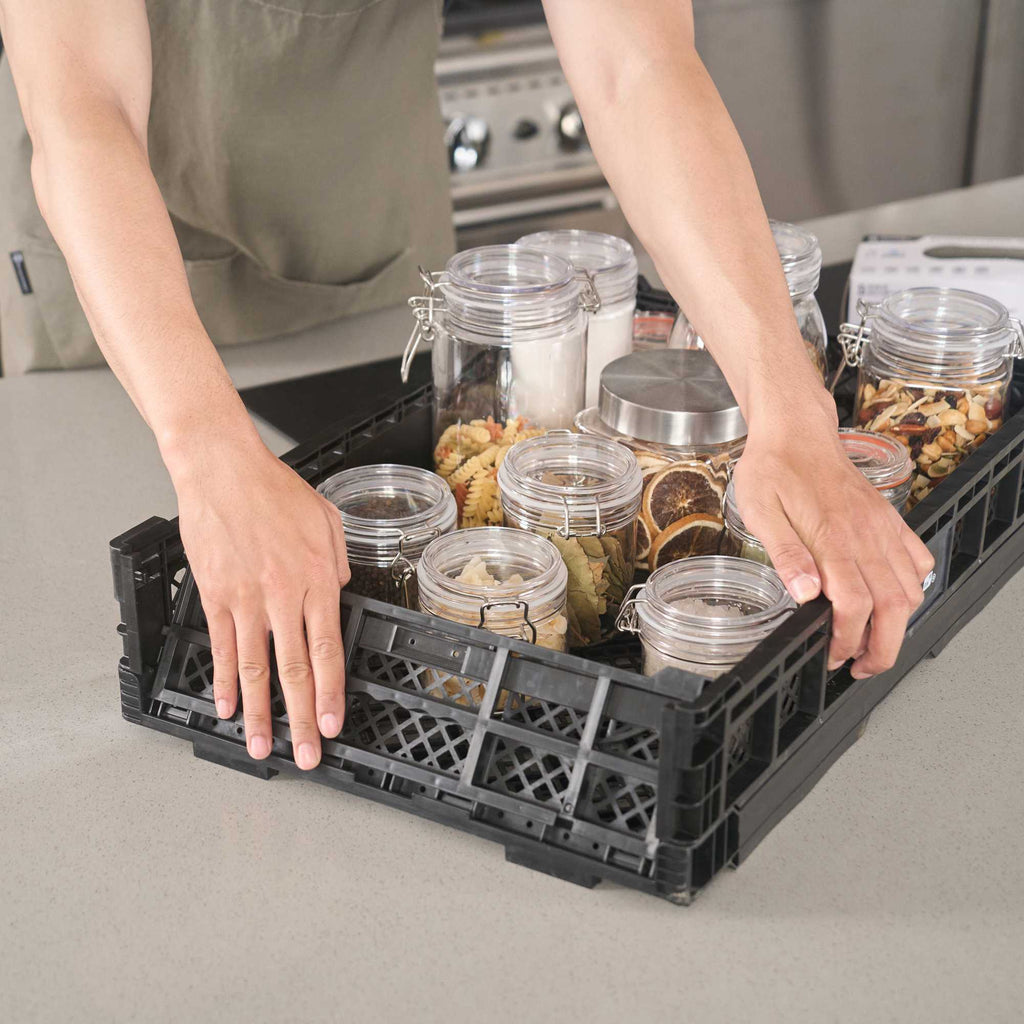 Cater Tek Rectangle Black Plastic Collapsible Crate - Vented, Stackable - 23 3/4" x 15 3/4" x 4 3/4" - 10 count box