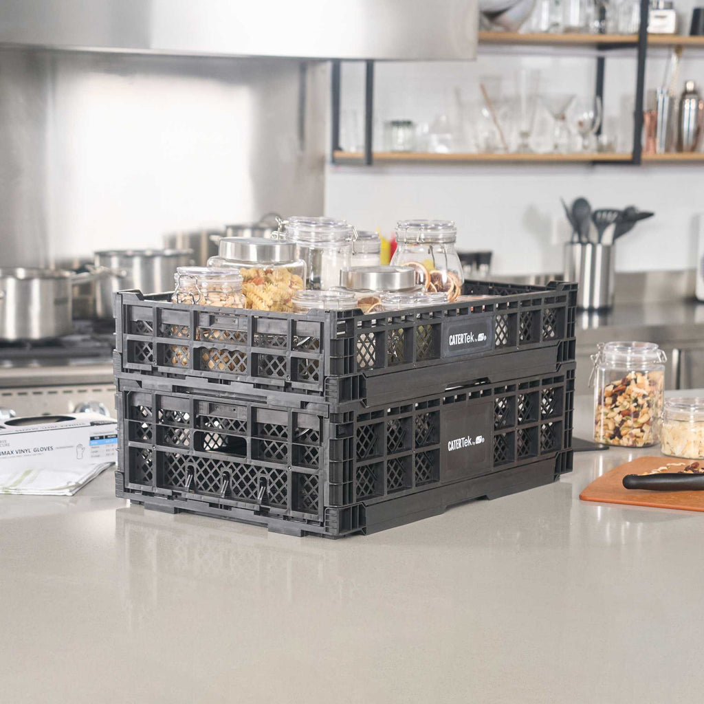 Cater Tek Rectangle Black Plastic Collapsible Crate - Vented, Stackable - 23 3/4" x 15 3/4" x 4 3/4" - 10 count box