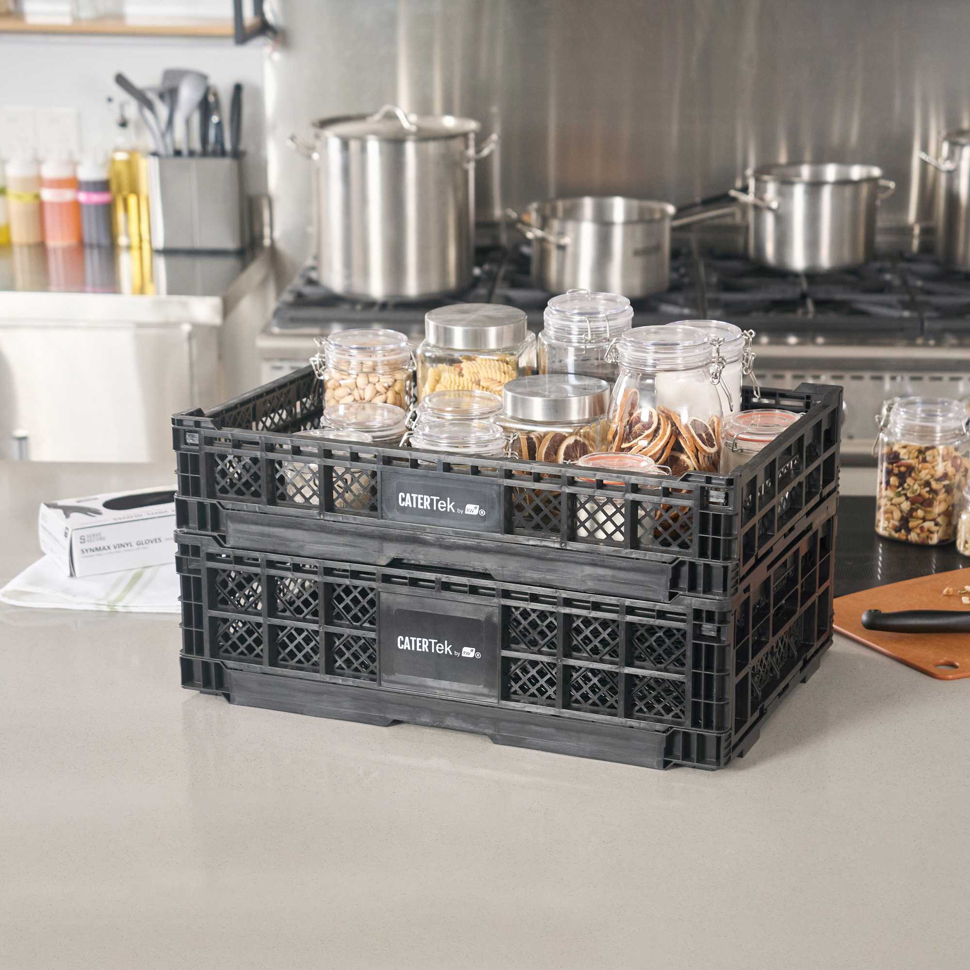 Cater Tek Rectangle Black Plastic Collapsible Crate - Vented, Stackable - 23 3/4" x 15 3/4" x 4 3/4" - 10 count box