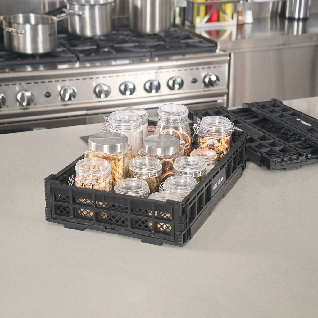 Cater Tek Rectangle Black Plastic Collapsible Crate - Vented, Stackable - 23 3/4" x 15 3/4" x 4 3/4" - 10 count box