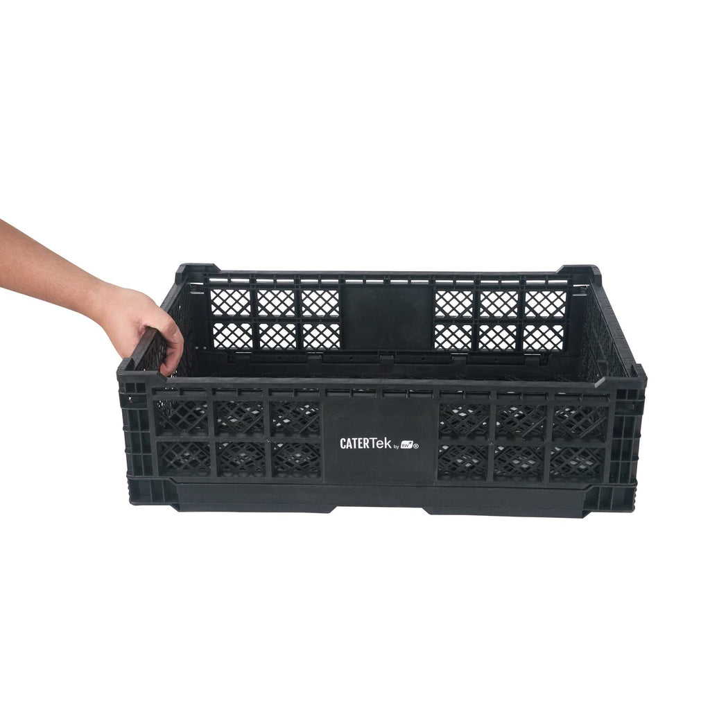 Cater Tek Rectangle Black Plastic Collapsible Crate - Vented, Stackable - 23 3/4" x 15 3/4" x 6 3/4" - 1 count box