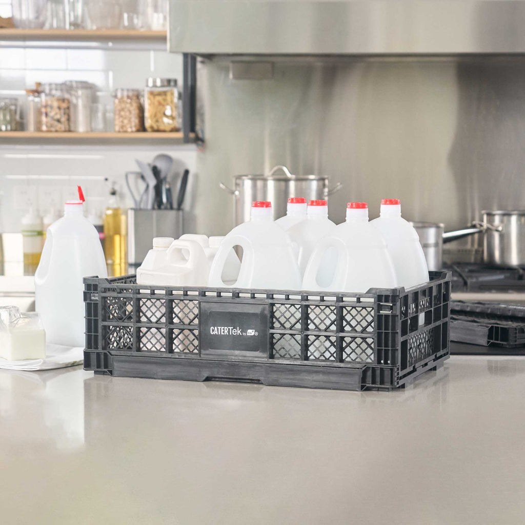 Cater Tek Rectangle Black Plastic Collapsible Crate - Vented, Stackable - 23 3/4" x 15 3/4" x 6 3/4" - 1 count box