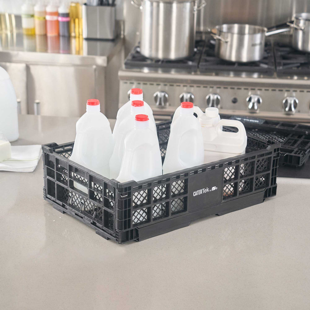 Cater Tek Rectangle Black Plastic Collapsible Crate - Vented, Stackable - 23 3/4" x 15 3/4" x 6 3/4" - 10 count box