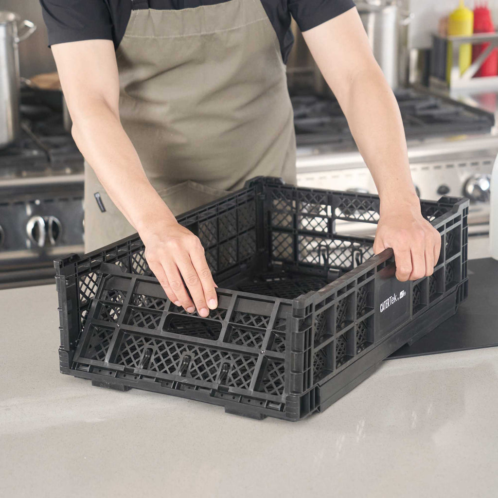 Cater Tek Rectangle Black Plastic Collapsible Crate - Vented, Stackable - 23 3/4" x 15 3/4" x 6 3/4" - 10 count box