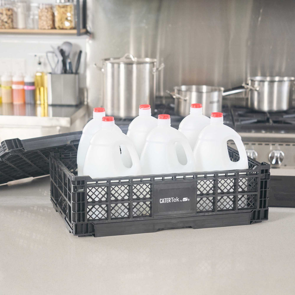 Cater Tek Rectangle Black Plastic Collapsible Crate - Vented, Stackable - 23 3/4" x 15 3/4" x 6 3/4" - 10 count box