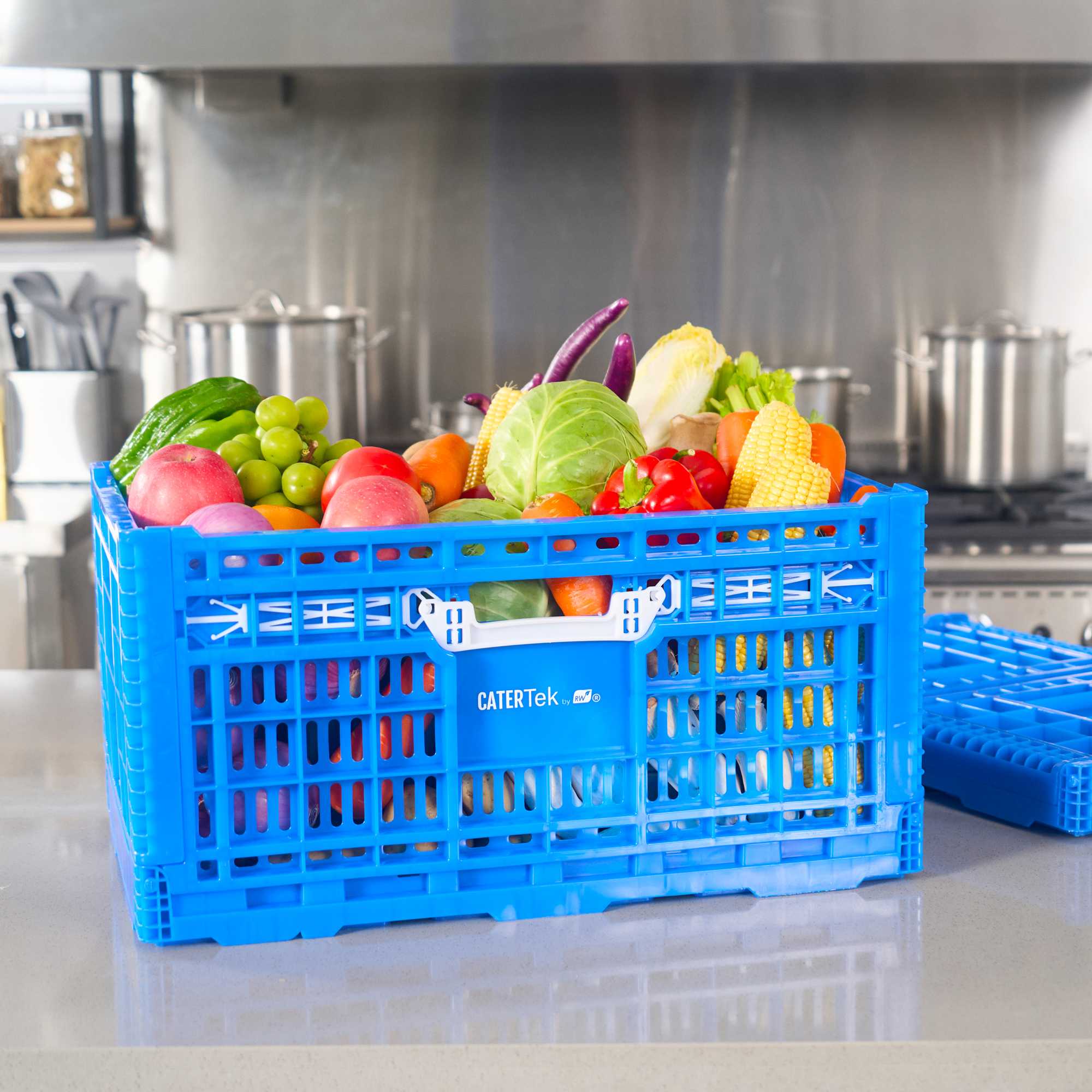 Cater Tek Rectangle Blue Plastic Collapsible Crate - Vented, Stackable - 23 3/4" x 15 3/4" x 11 3/4" - 1 count box