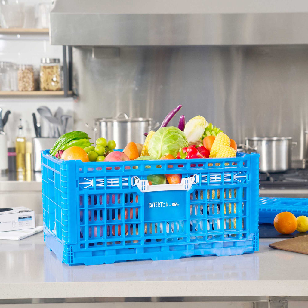 Cater Tek Rectangle Blue Plastic Collapsible Crate - Vented, Stackable - 23 3/4" x 15 3/4" x 11 3/4" - 1 count box