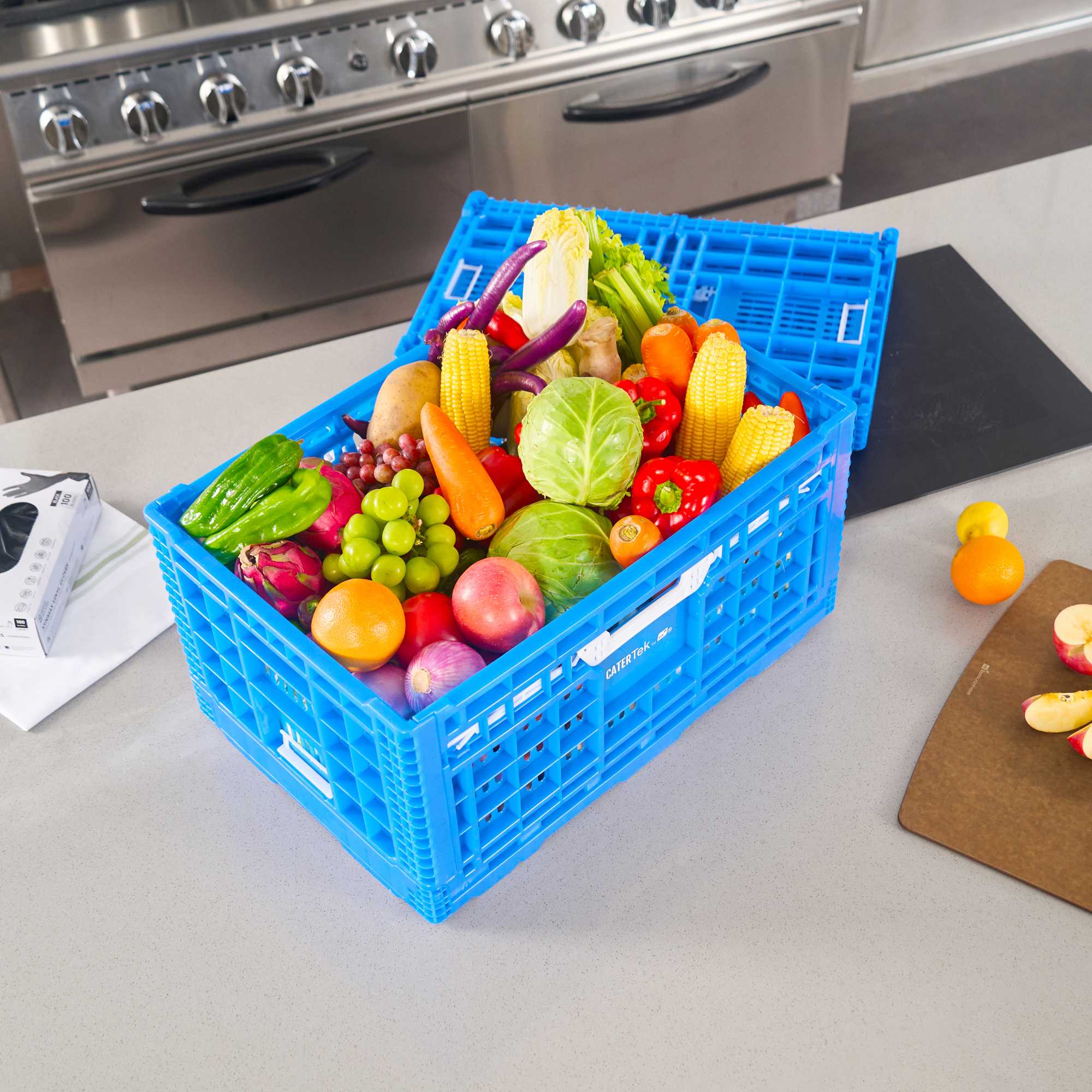 Cater Tek Rectangle Blue Plastic Collapsible Crate - Vented, Stackable - 23 3/4" x 15 3/4" x 11 3/4" - 1 count box