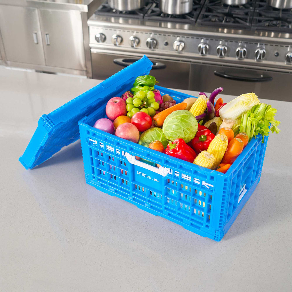 Cater Tek Rectangle Blue Plastic Collapsible Crate - Vented, Stackable - 23 3/4" x 15 3/4" x 11 3/4" - 1 count box