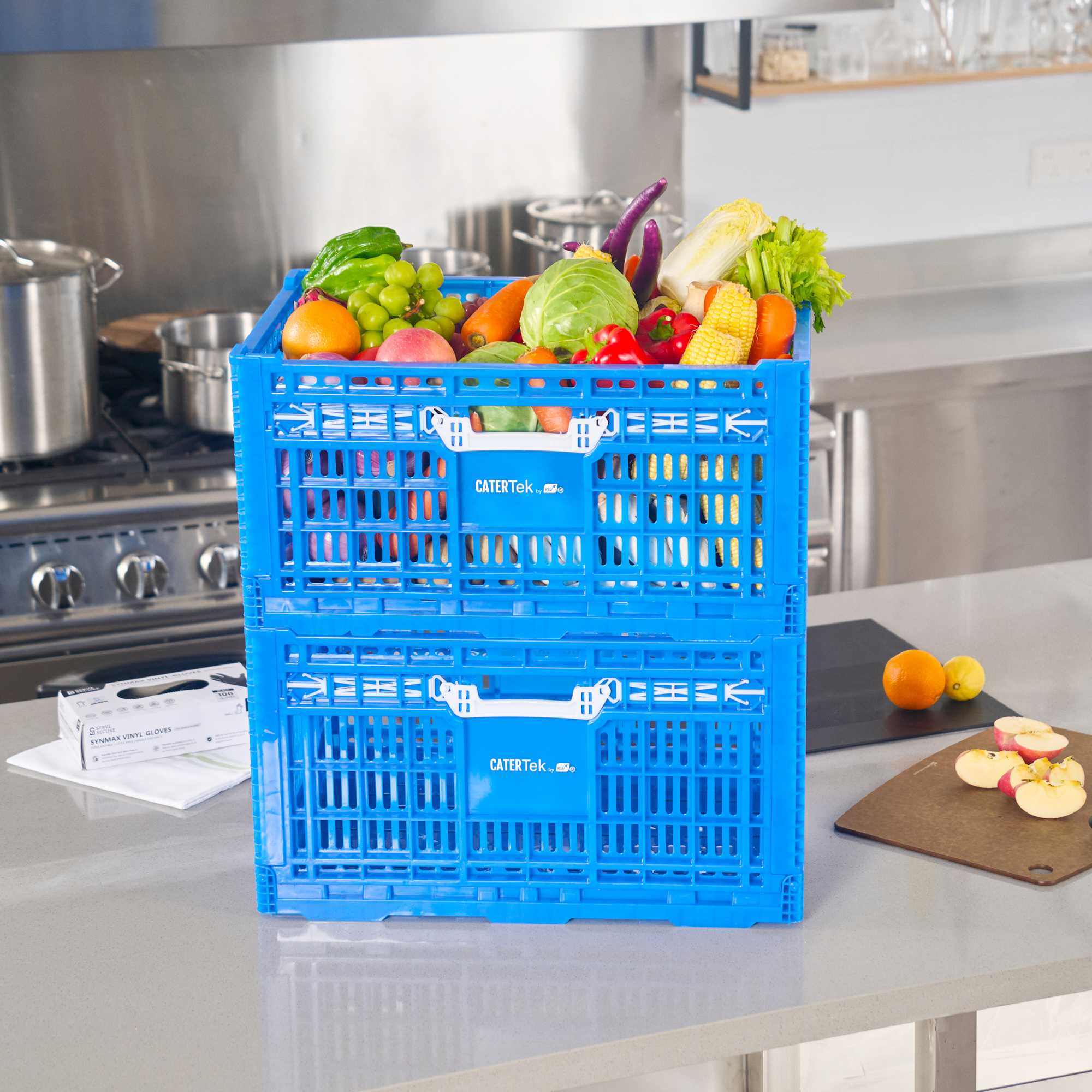 Cater Tek Rectangle Blue Plastic Collapsible Crate - Vented, Stackable - 23 3/4" x 15 3/4" x 11 3/4" - 1 count box