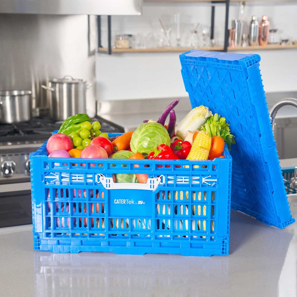 Cater Tek Rectangle Blue Plastic Collapsible Crate - Vented, Stackable - 23 3/4" x 15 3/4" x 11 3/4" - 1 count box
