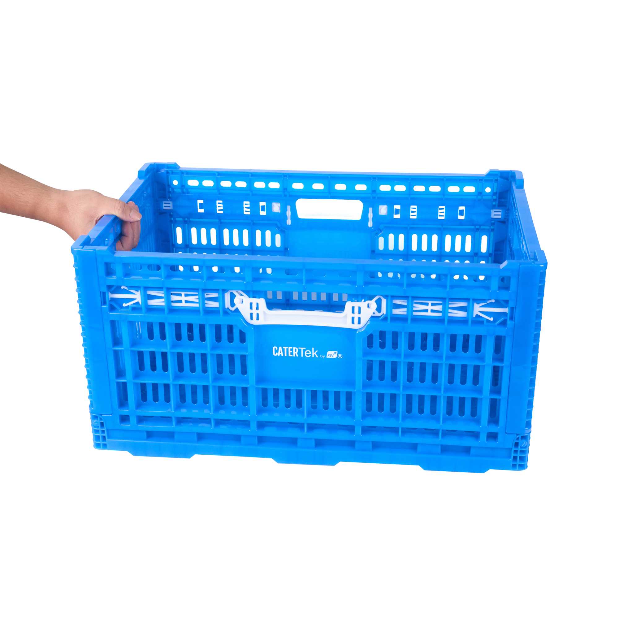 Cater Tek Rectangle Blue Plastic Collapsible Crate - Vented, Stackable - 23 3/4" x 15 3/4" x 11 3/4" - 10 count box