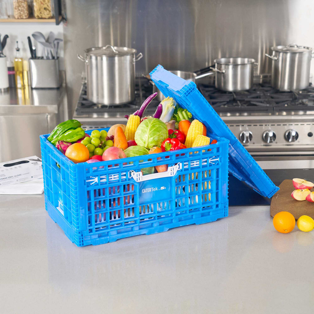 Cater Tek Rectangle Blue Plastic Collapsible Crate - Vented, Stackable - 23 3/4" x 15 3/4" x 11 3/4" - 10 count box