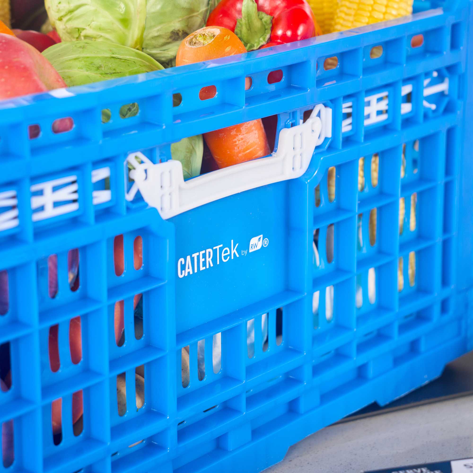 Cater Tek Rectangle Blue Plastic Collapsible Crate - Vented, Stackable - 23 3/4" x 15 3/4" x 11 3/4" - 10 count box