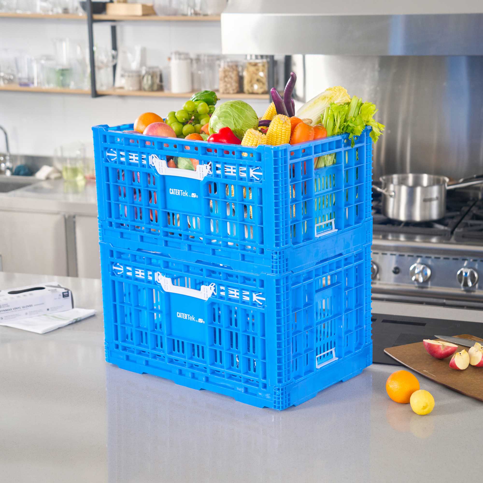 Cater Tek Rectangle Blue Plastic Collapsible Crate - Vented, Stackable - 23 3/4" x 15 3/4" x 11 3/4" - 10 count box