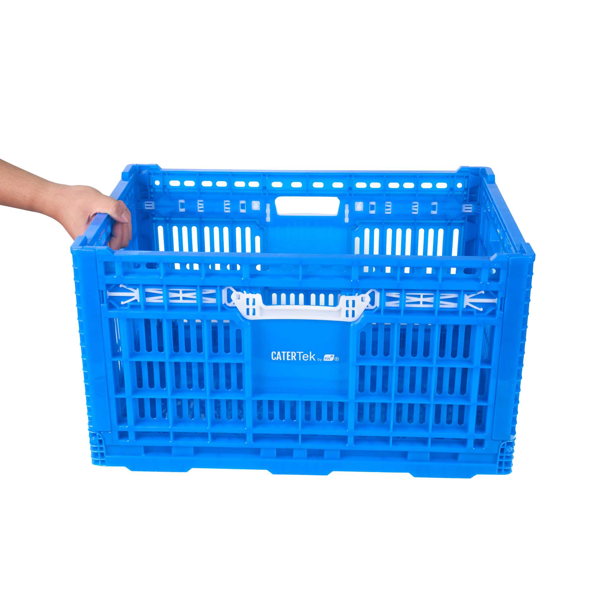 Cater Tek Rectangle Blue Plastic Collapsible Crate - Vented, Stackable - 23 3/4" x 15 3/4" x 13 1/2" - 1 count box