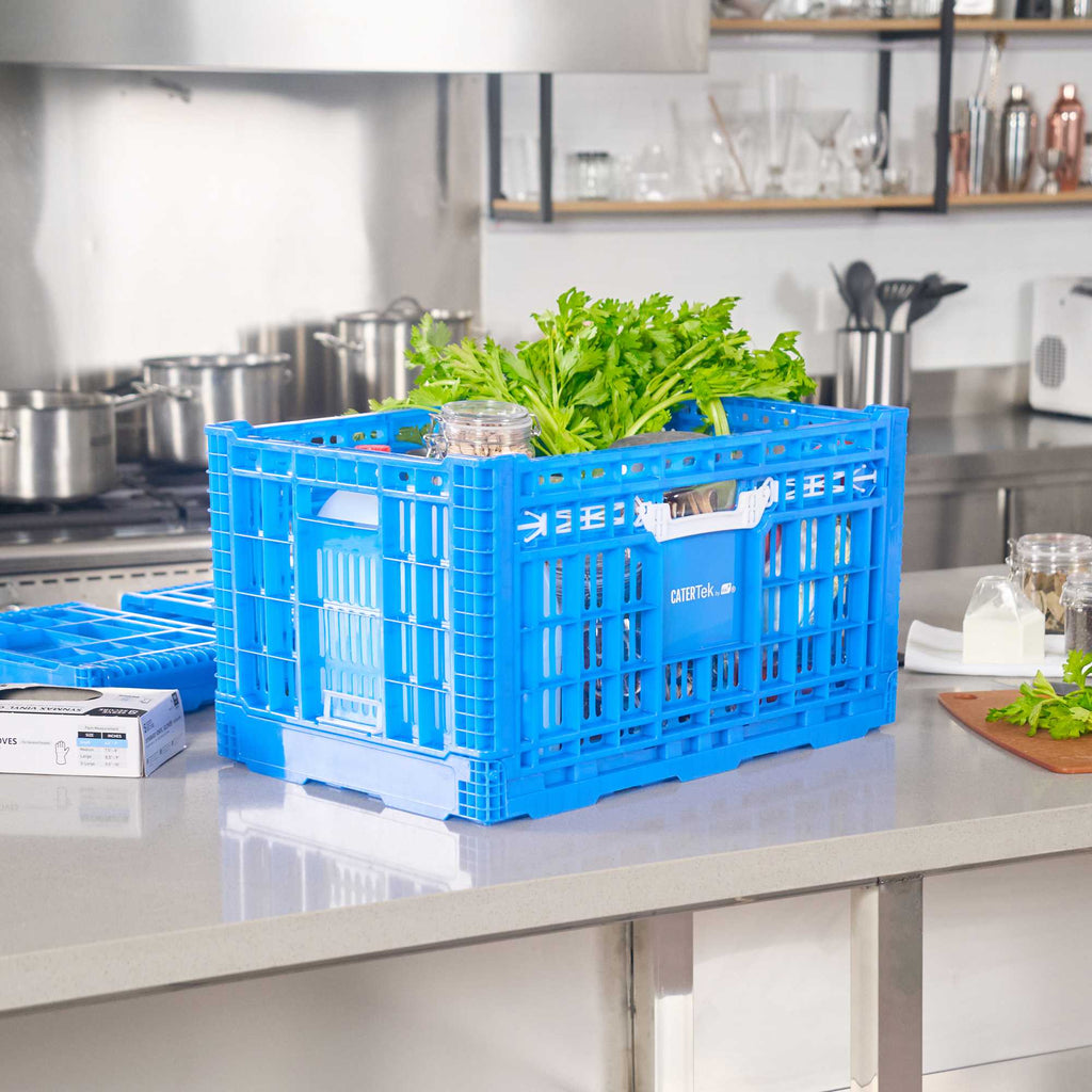 Cater Tek Rectangle Blue Plastic Collapsible Crate - Vented, Stackable - 23 3/4" x 15 3/4" x 13 1/2" - 1 count box