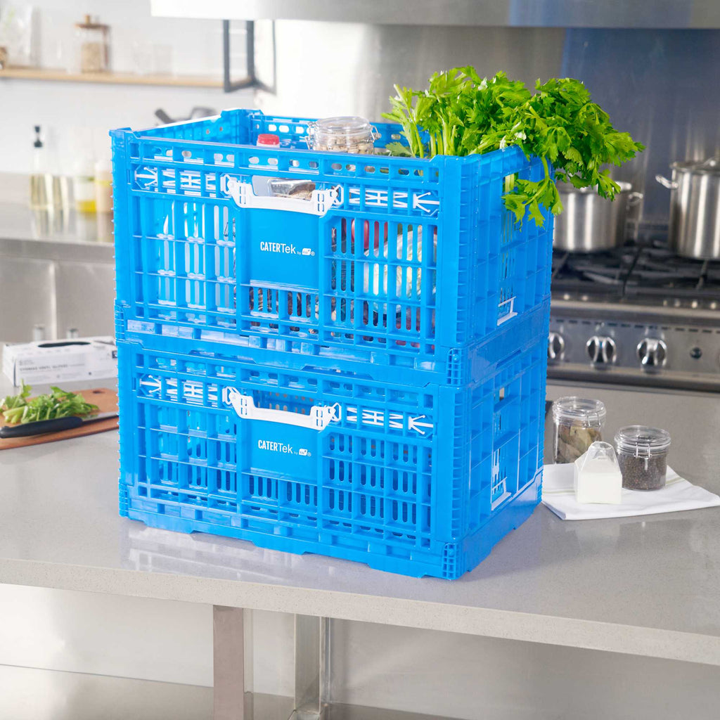 Cater Tek Rectangle Blue Plastic Collapsible Crate - Vented, Stackable - 23 3/4" x 15 3/4" x 13 1/2" - 1 count box
