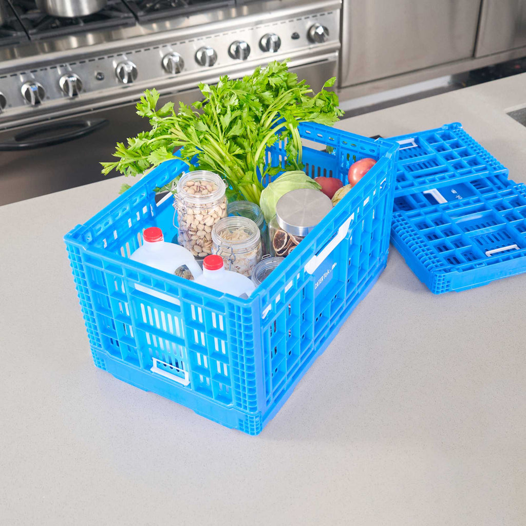 Cater Tek Rectangle Blue Plastic Collapsible Crate - Vented, Stackable - 23 3/4" x 15 3/4" x 13 1/2" - 1 count box