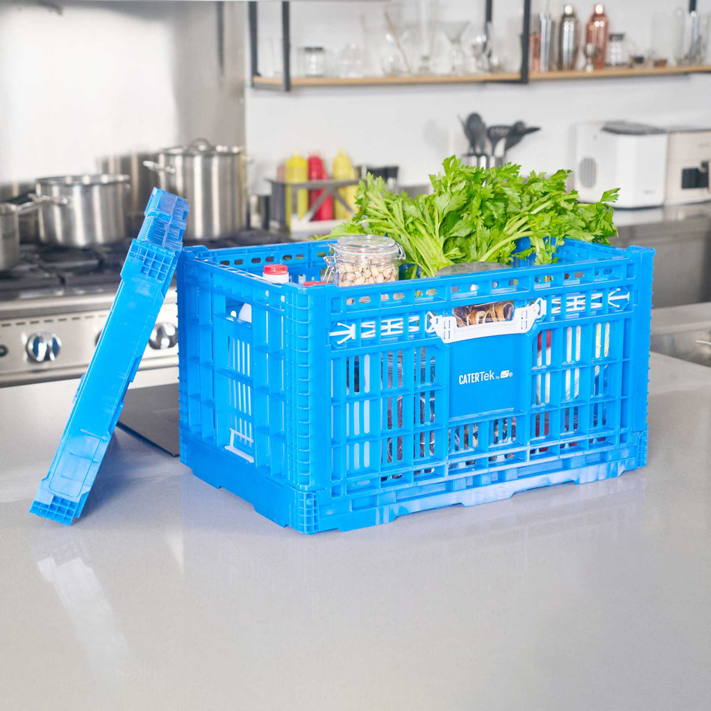 Cater Tek Rectangle Blue Plastic Collapsible Crate - Vented, Stackable - 23 3/4" x 15 3/4" x 13 1/2" - 1 count box