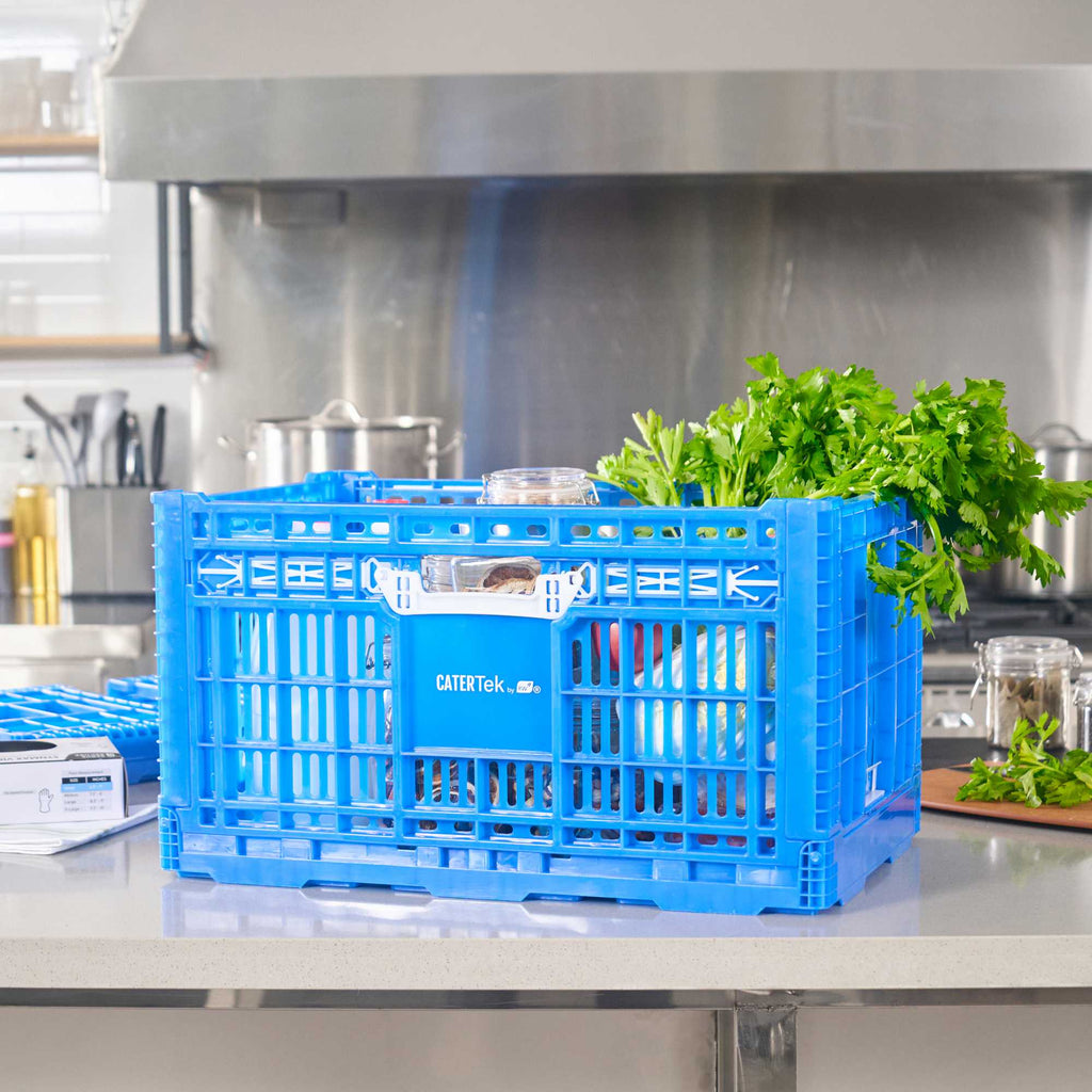 Cater Tek Rectangle Blue Plastic Collapsible Crate - Vented, Stackable - 23 3/4" x 15 3/4" x 13 1/2" - 1 count box