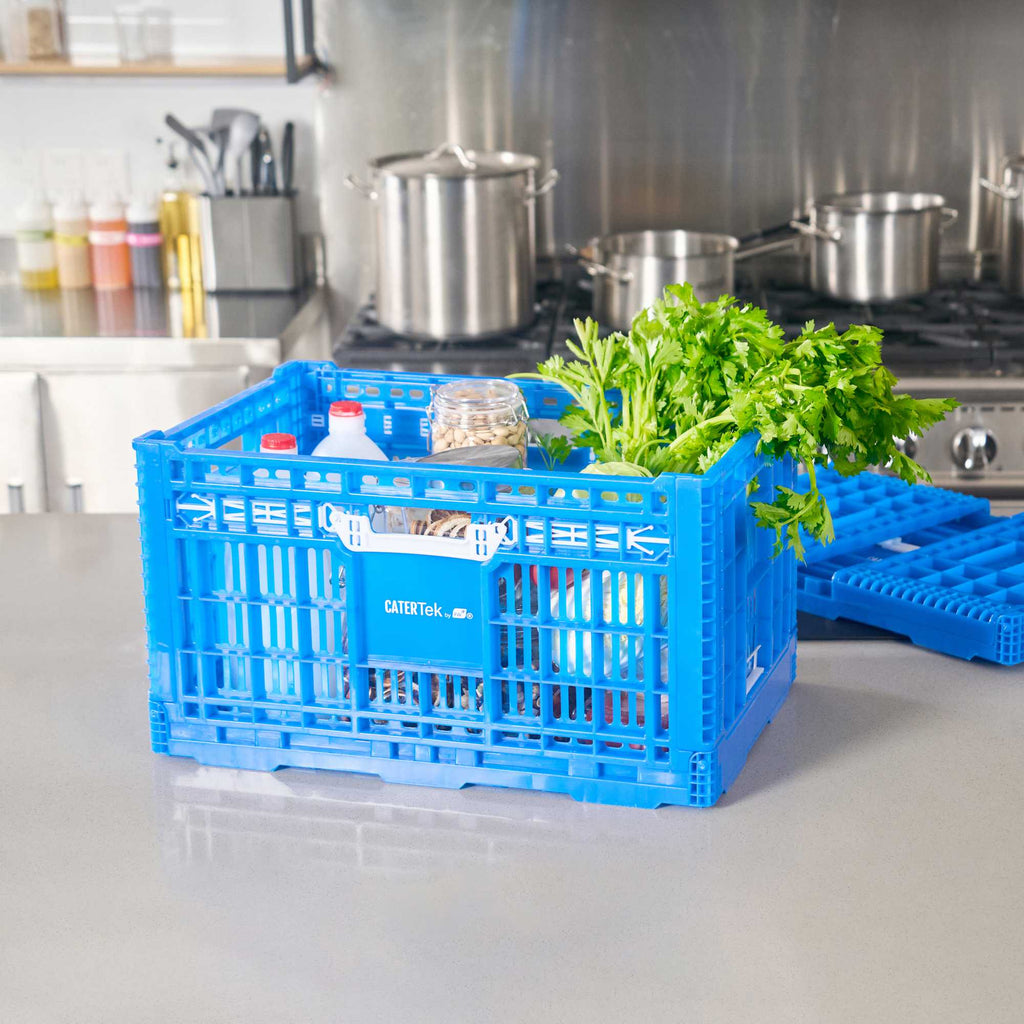 Cater Tek Rectangle Blue Plastic Collapsible Crate - Vented, Stackable - 23 3/4" x 15 3/4" x 13 1/2" - 10 count box