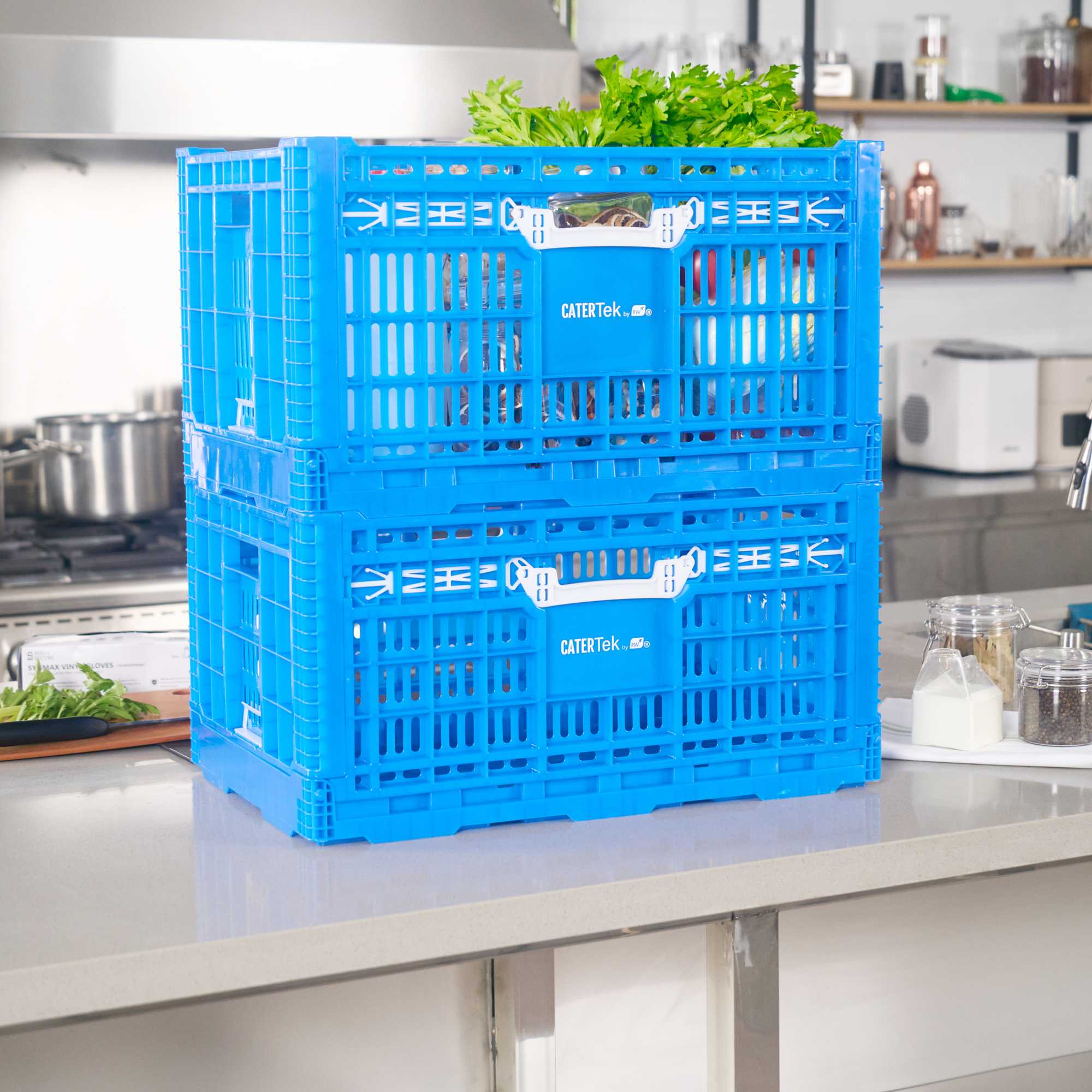 Cater Tek Rectangle Blue Plastic Collapsible Crate - Vented, Stackable - 23 3/4" x 15 3/4" x 13 1/2" - 10 count box